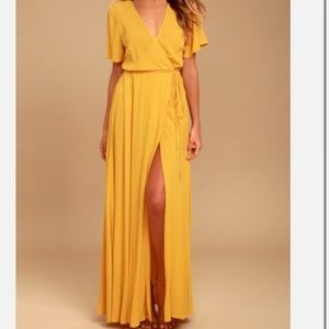 Lulu’s yellow much obliged wrap dress